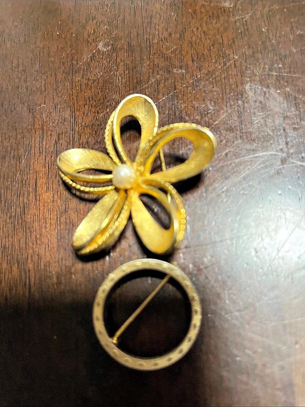Gold Flower Brooch Pin plus circular brooch, both vintage